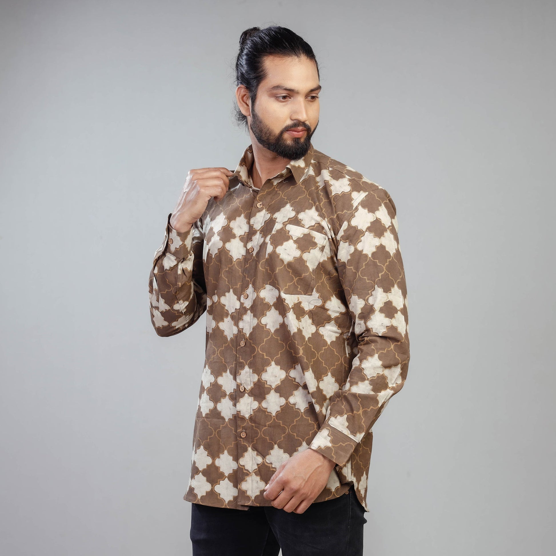 Brown - Akola Block Printing Cotton Men Full Sleeve Shirt