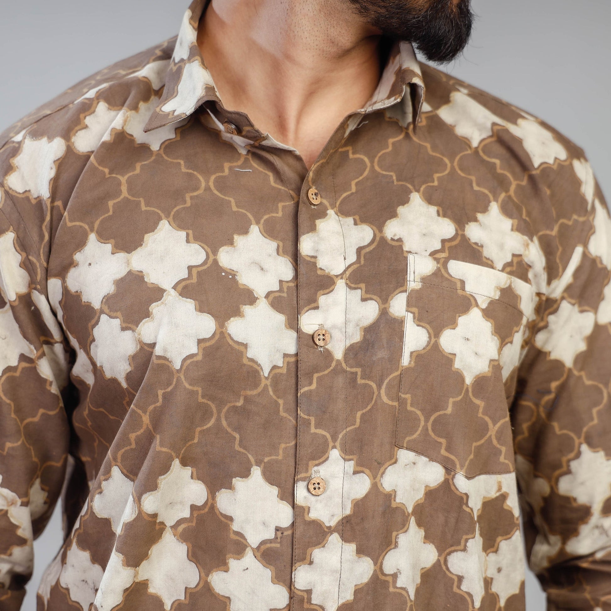 Brown - Akola Block Printing Cotton Men Full Sleeve Shirt