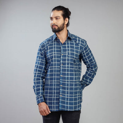 Blue - Akola Block Printing Cotton Men Full Sleeve Shirt