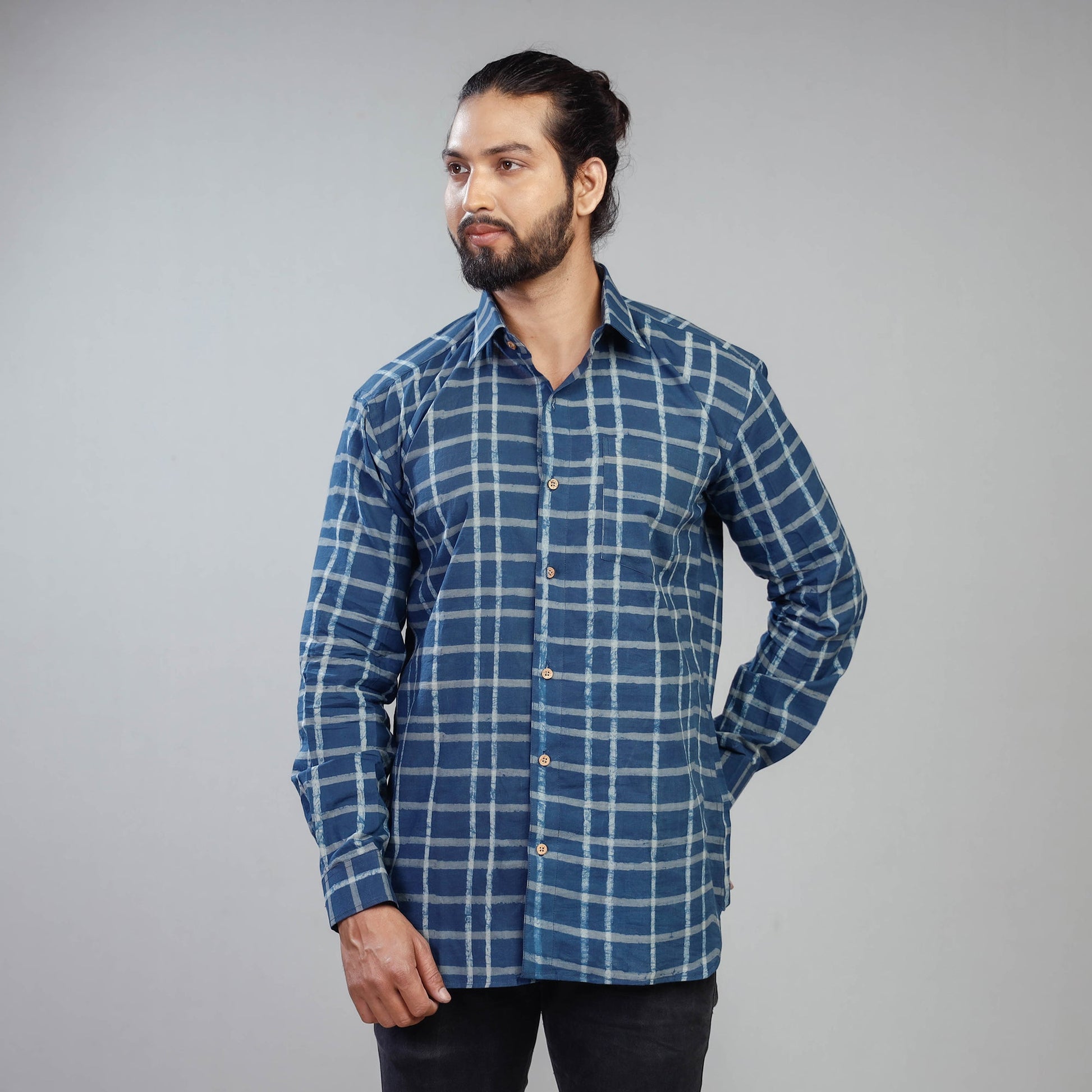 Blue - Akola Block Printing Cotton Men Full Sleeve Shirt