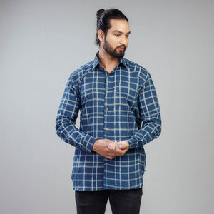 Blue - Akola Block Printing Cotton Men Full Sleeve Shirt