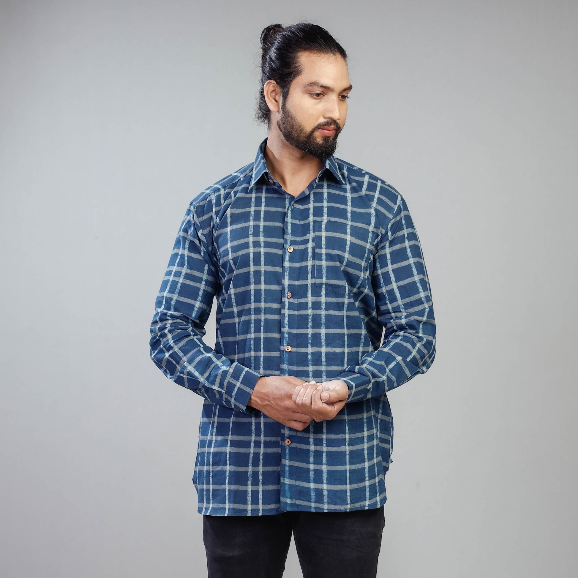 Blue - Akola Block Printing Cotton Men Full Sleeve Shirt