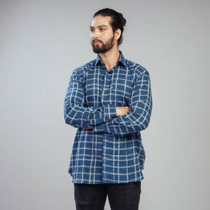 Blue - Akola Block Printing Cotton Men Full Sleeve Shirt