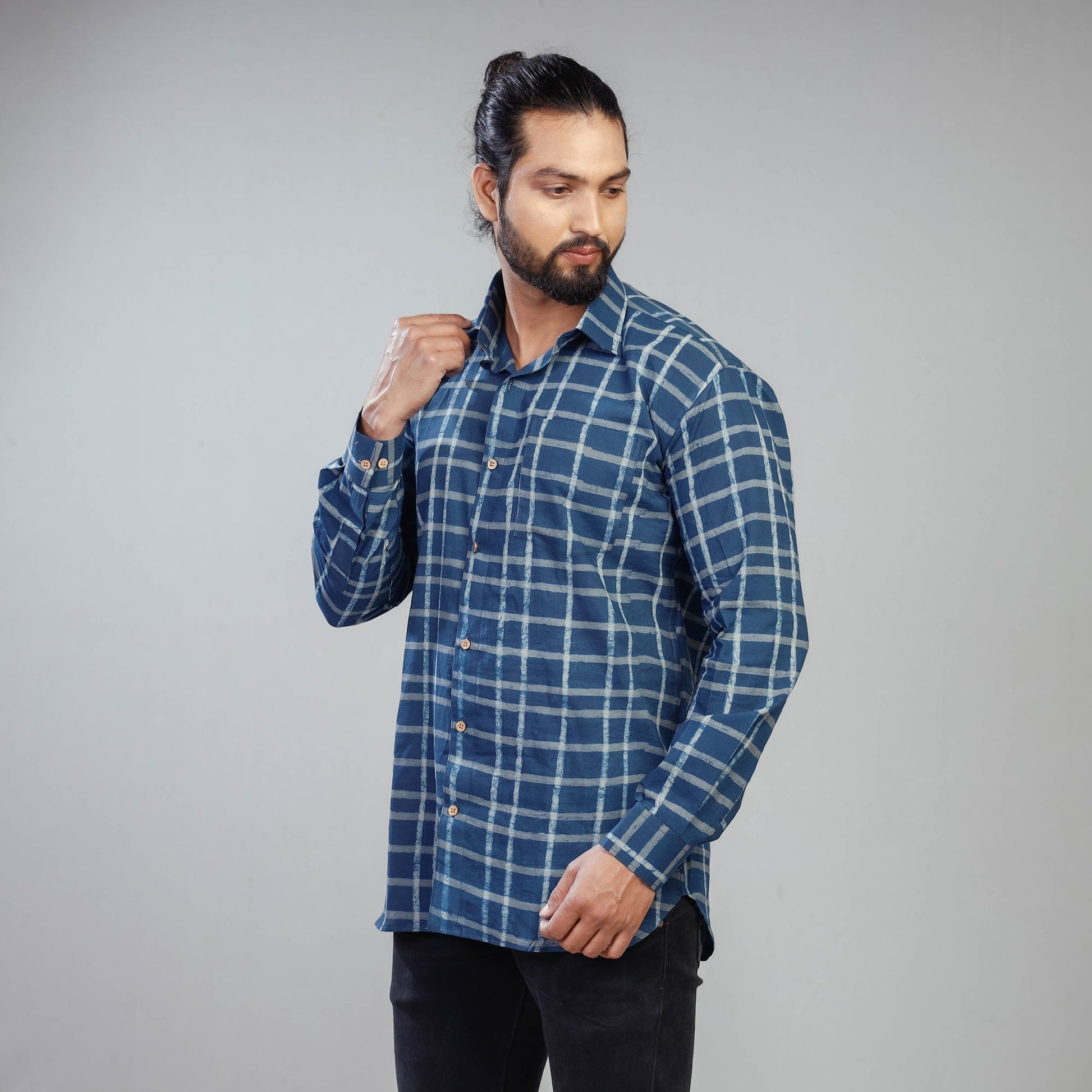 Blue - Akola Block Printing Cotton Men Full Sleeve Shirt