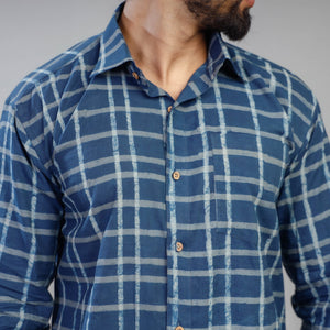 Blue - Akola Block Printing Cotton Men Full Sleeve Shirt