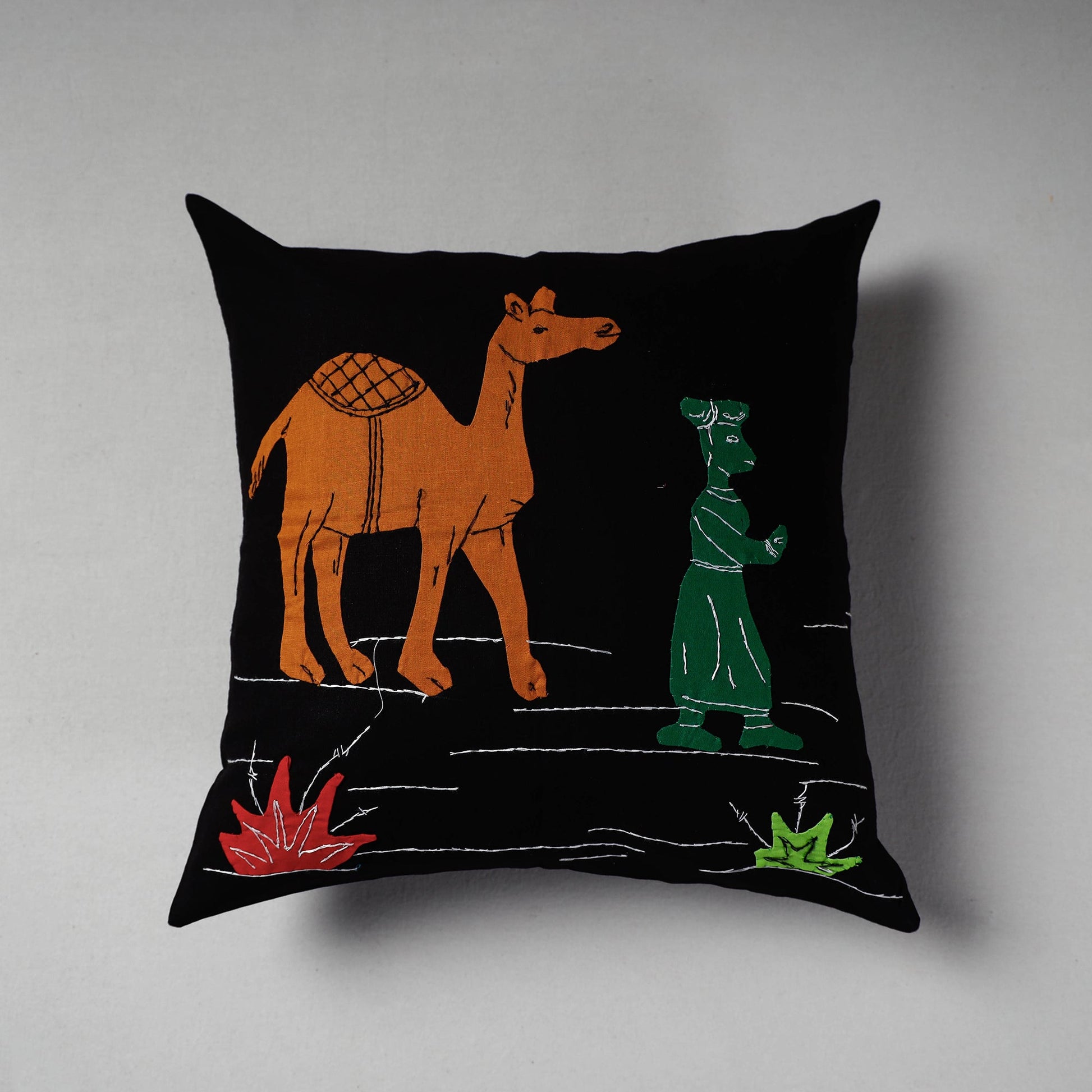 Black - Pipli Applique Work Cotton Cushion Cover (16 x 16 in)