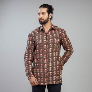 Brown - Akola Block Printing Cotton Men Full Sleeve Shirt