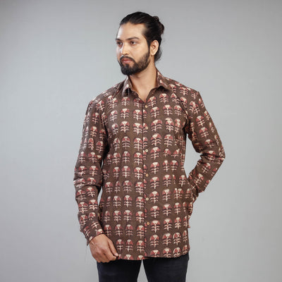 Brown - Akola Block Printing Cotton Men Full Sleeve Shirt