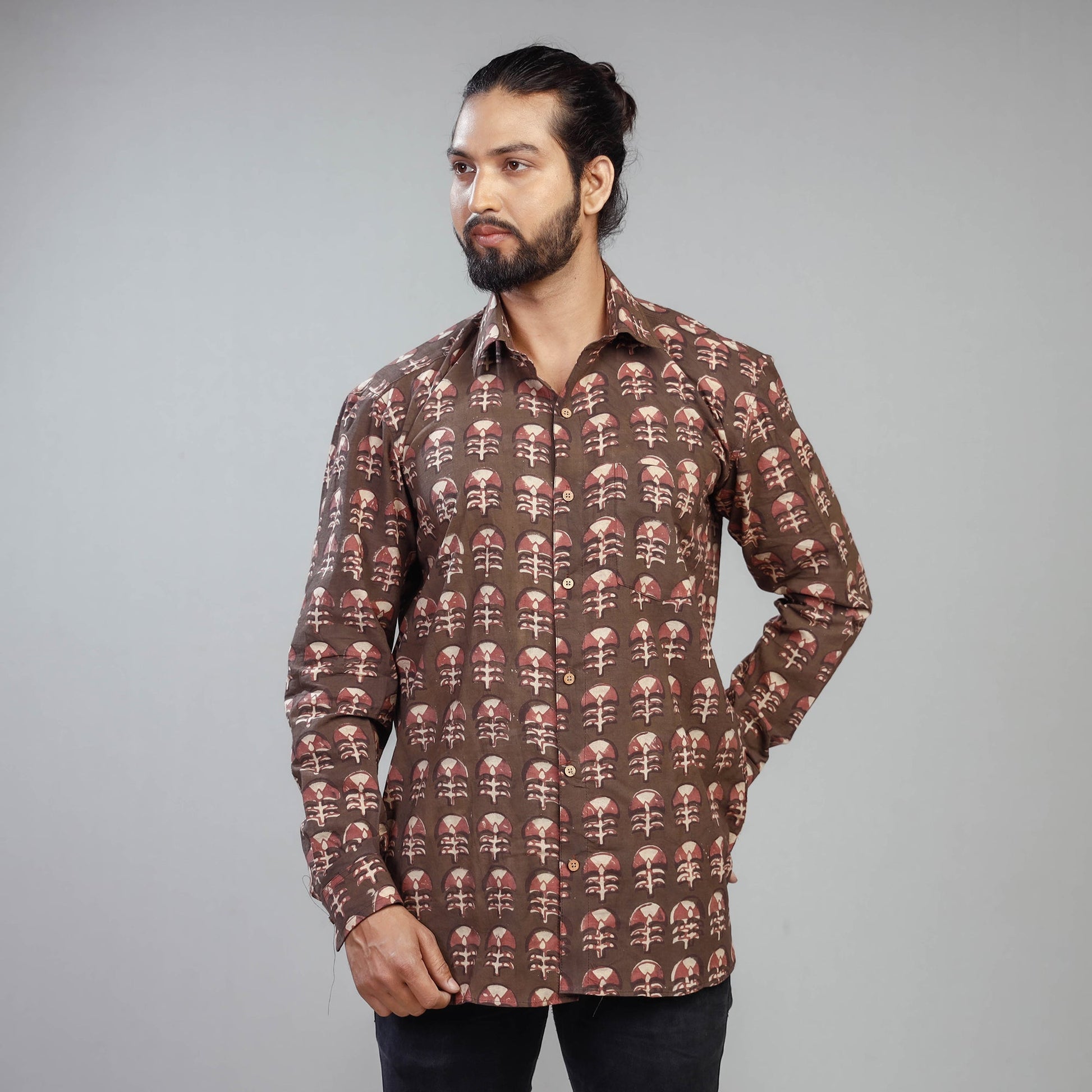 Brown - Akola Block Printing Cotton Men Full Sleeve Shirt