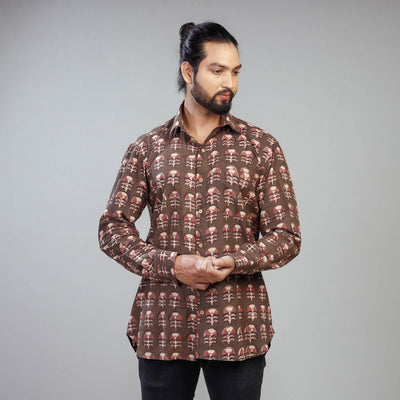Brown - Akola Block Printing Cotton Men Full Sleeve Shirt