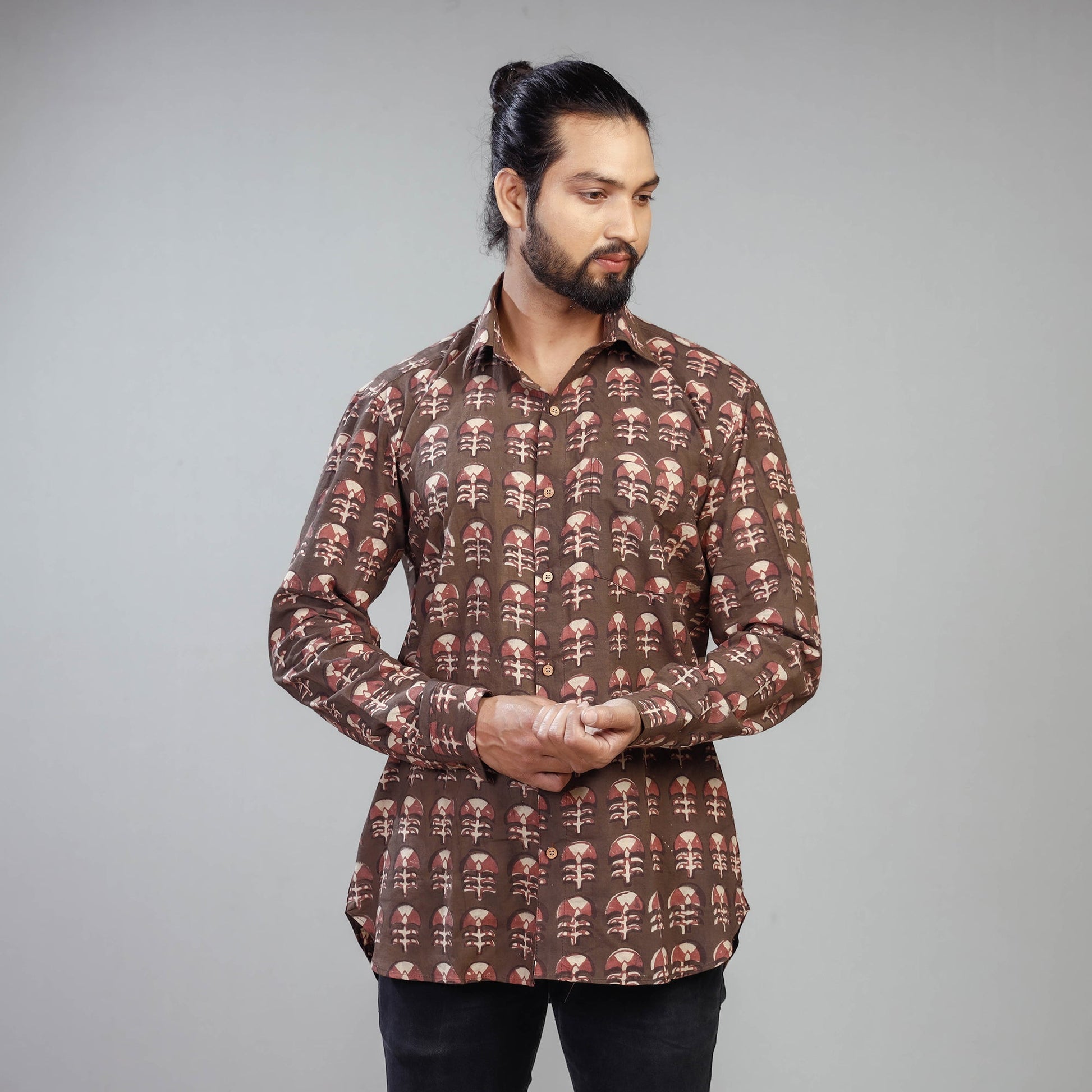 Brown - Akola Block Printing Cotton Men Full Sleeve Shirt