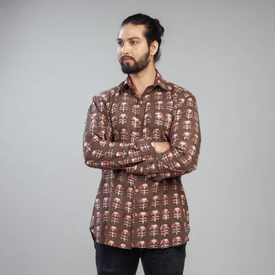 Brown - Akola Block Printing Cotton Men Full Sleeve Shirt