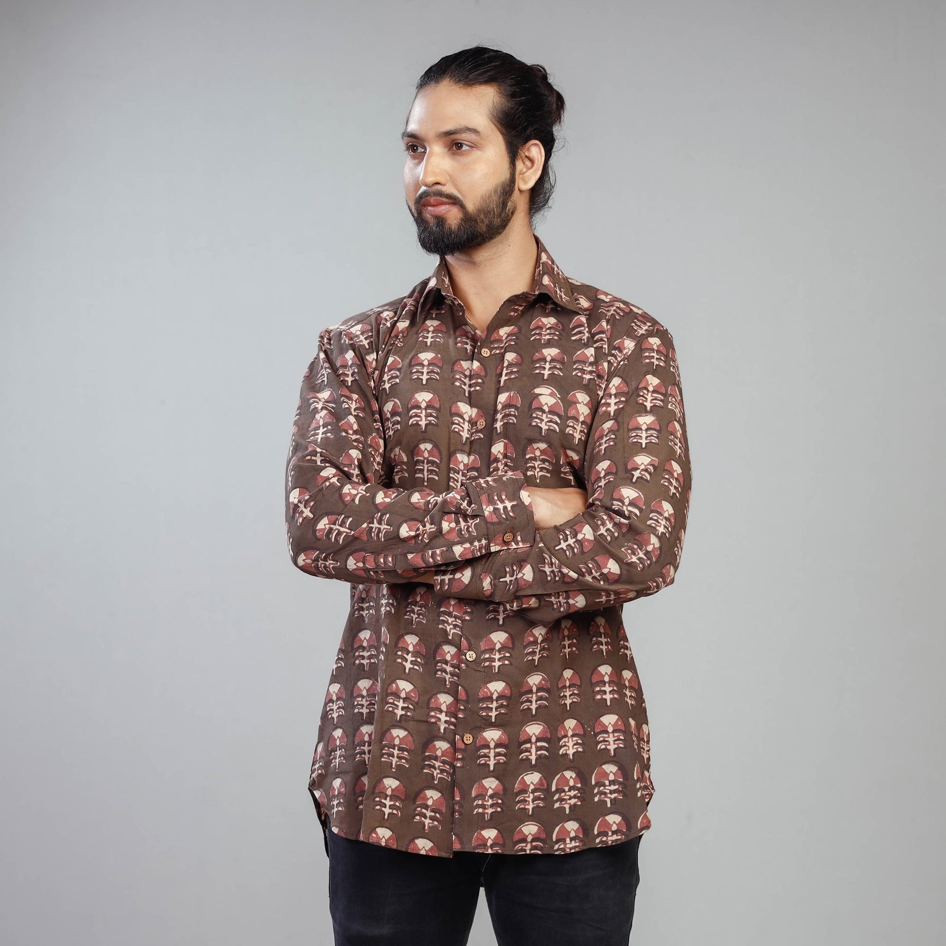 Brown - Akola Block Printing Cotton Men Full Sleeve Shirt