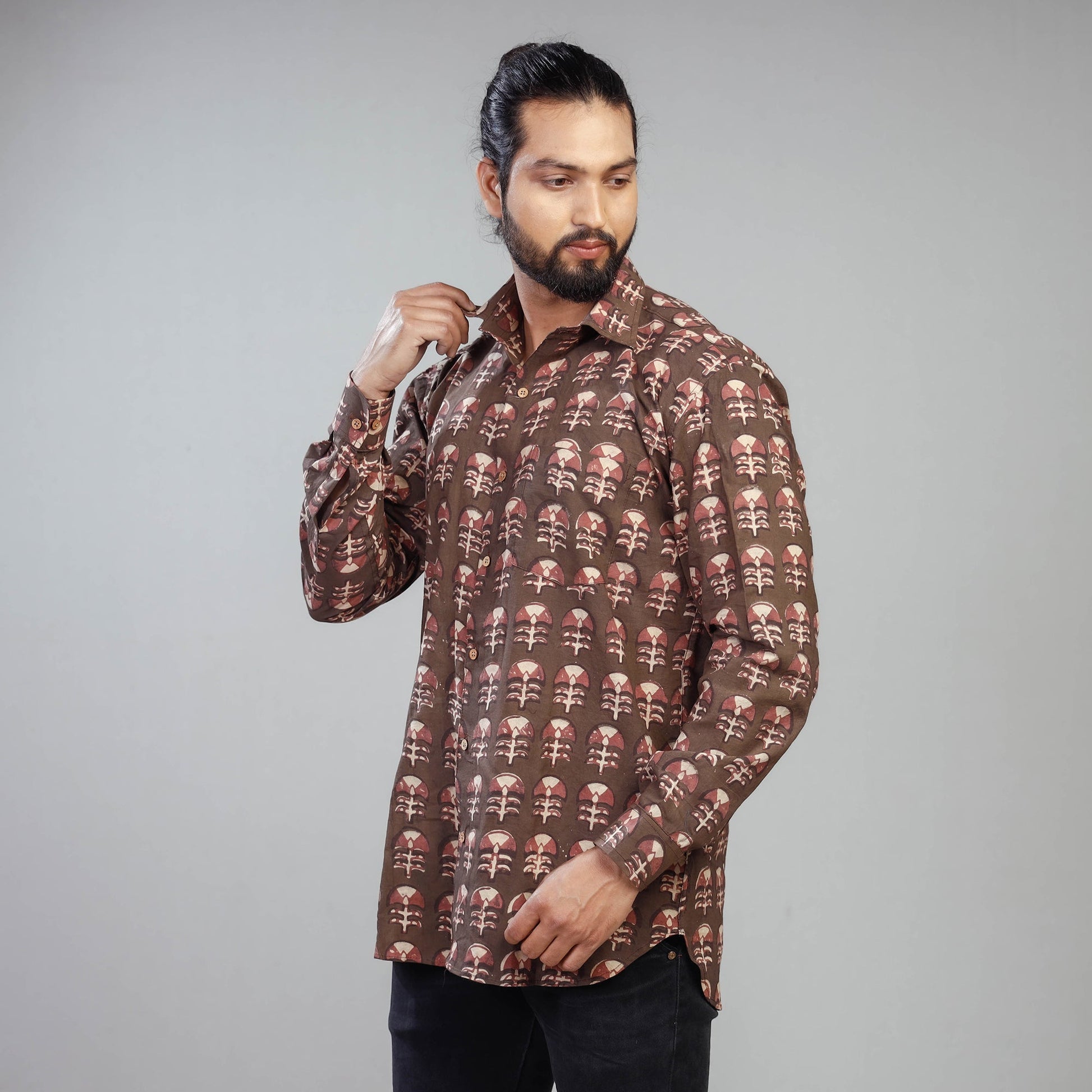 Brown - Akola Block Printing Cotton Men Full Sleeve Shirt