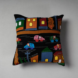 Black - Pipli Applique Work Cotton Cushion Cover (16 x 16 in)