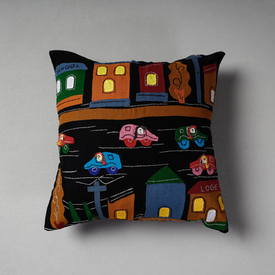 Black - Pipli Applique Work Cotton Cushion Cover (16 x 16 in)