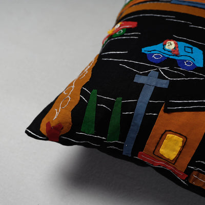 Black - Pipli Applique Work Cotton Cushion Cover (16 x 16 in)