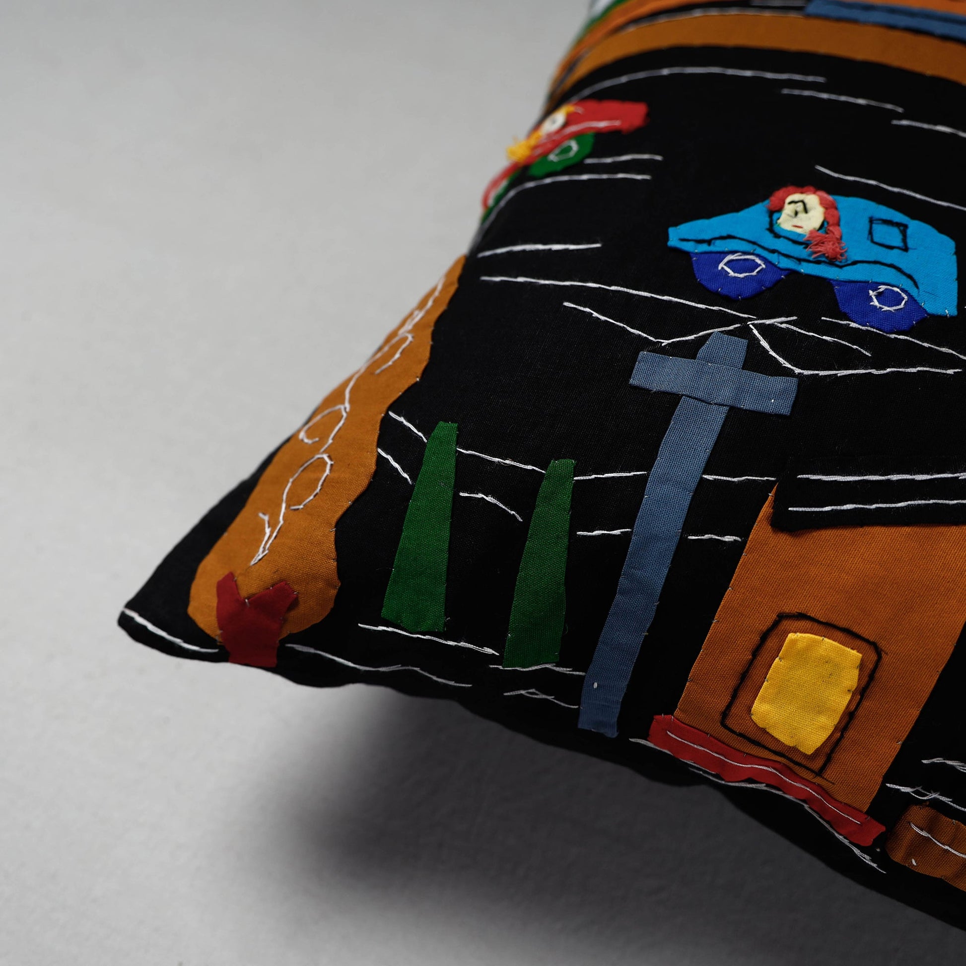Black - Pipli Applique Work Cotton Cushion Cover (16 x 16 in)