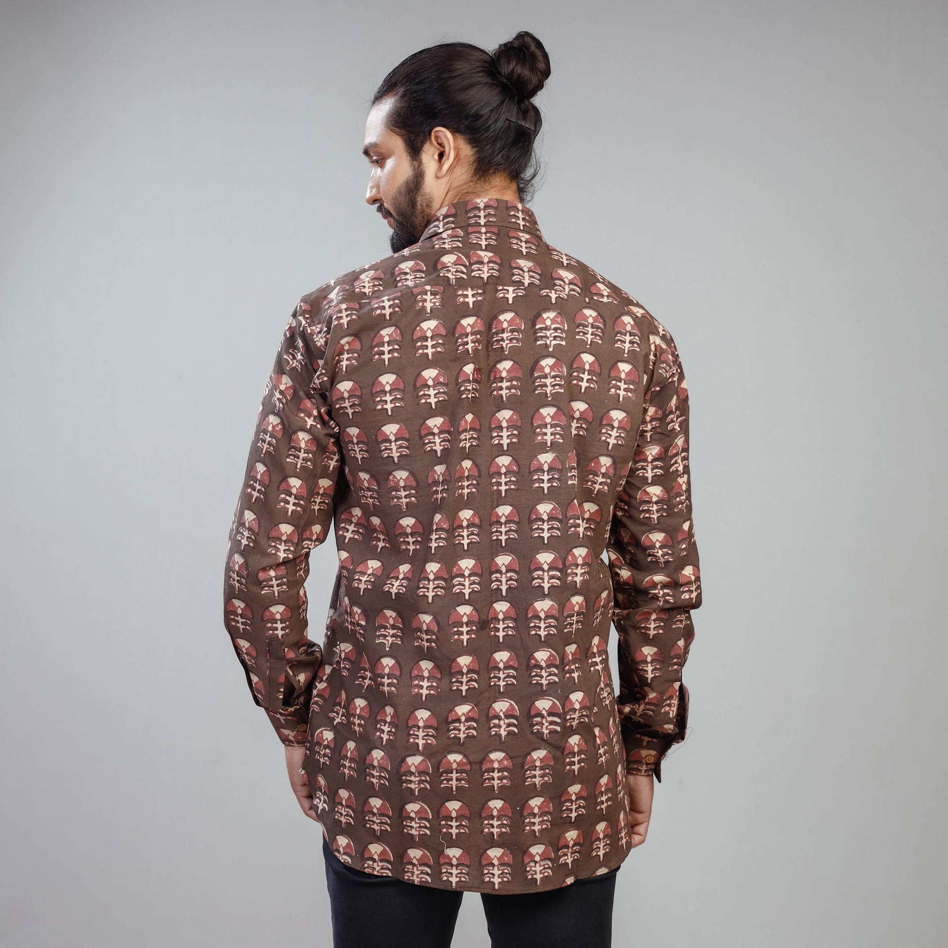 Brown - Akola Block Printing Cotton Men Full Sleeve Shirt