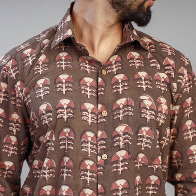 Brown - Akola Block Printing Cotton Men Full Sleeve Shirt