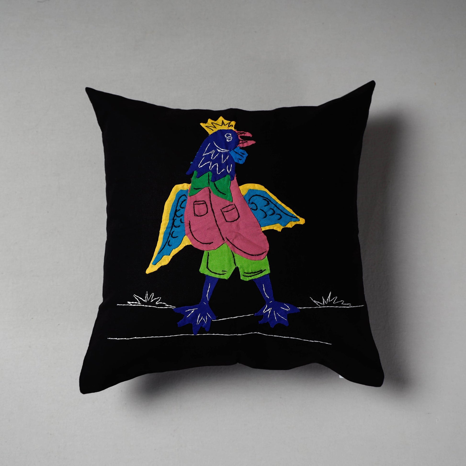 Black - Pipli Applique Work Cotton Cushion Cover (16 x 16 in)