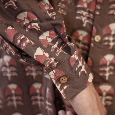 Brown - Akola Block Printing Cotton Men Full Sleeve Shirt