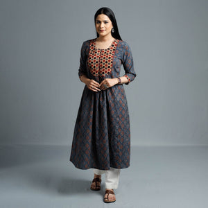 Blue - Cotton Long kurta in Ajrakh Block Prints of Kutch