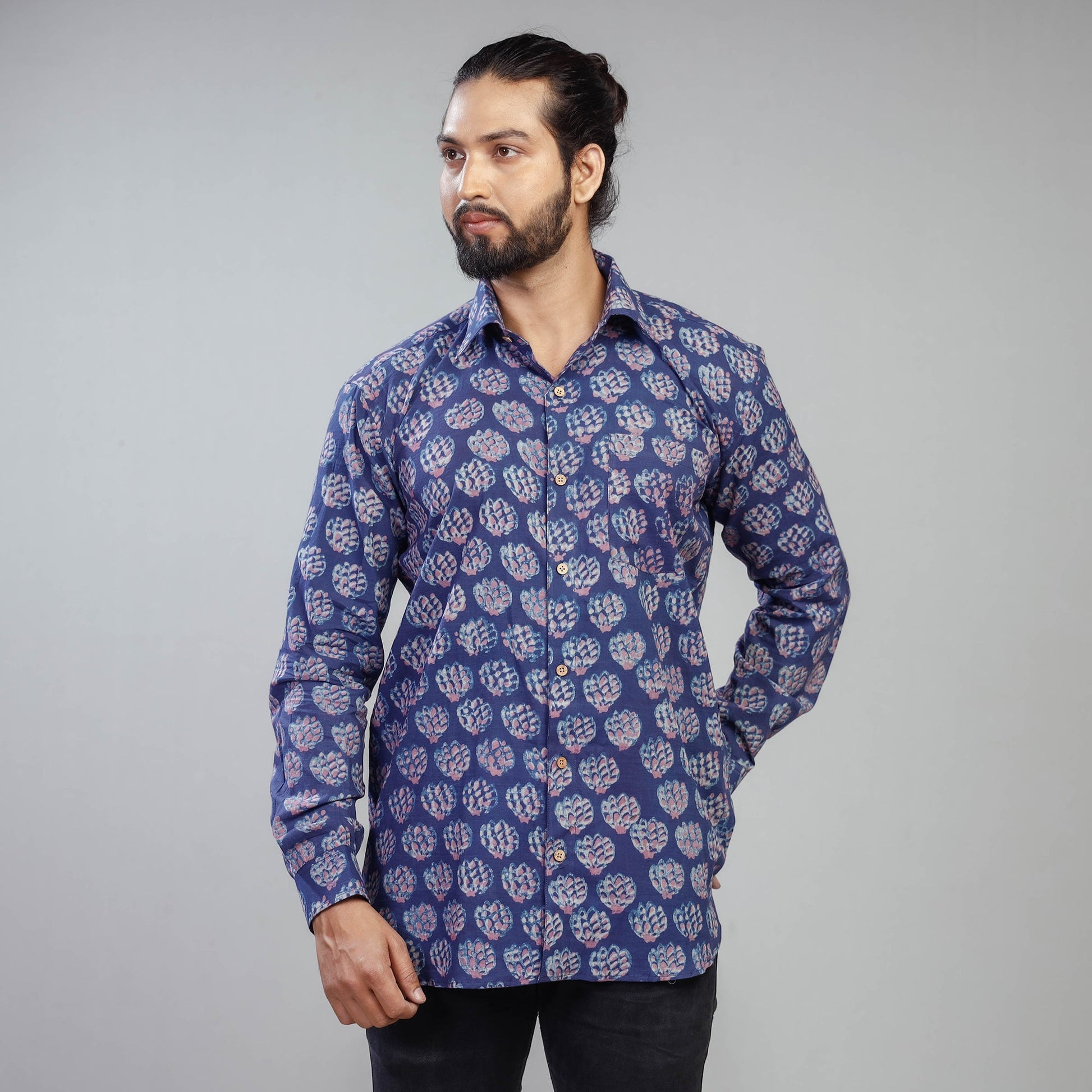 Blue - Akola Block Printing Cotton Men Full Sleeve Shirt