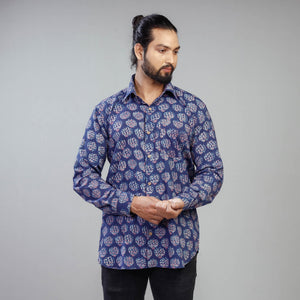 Blue - Akola Block Printing Cotton Men Full Sleeve Shirt