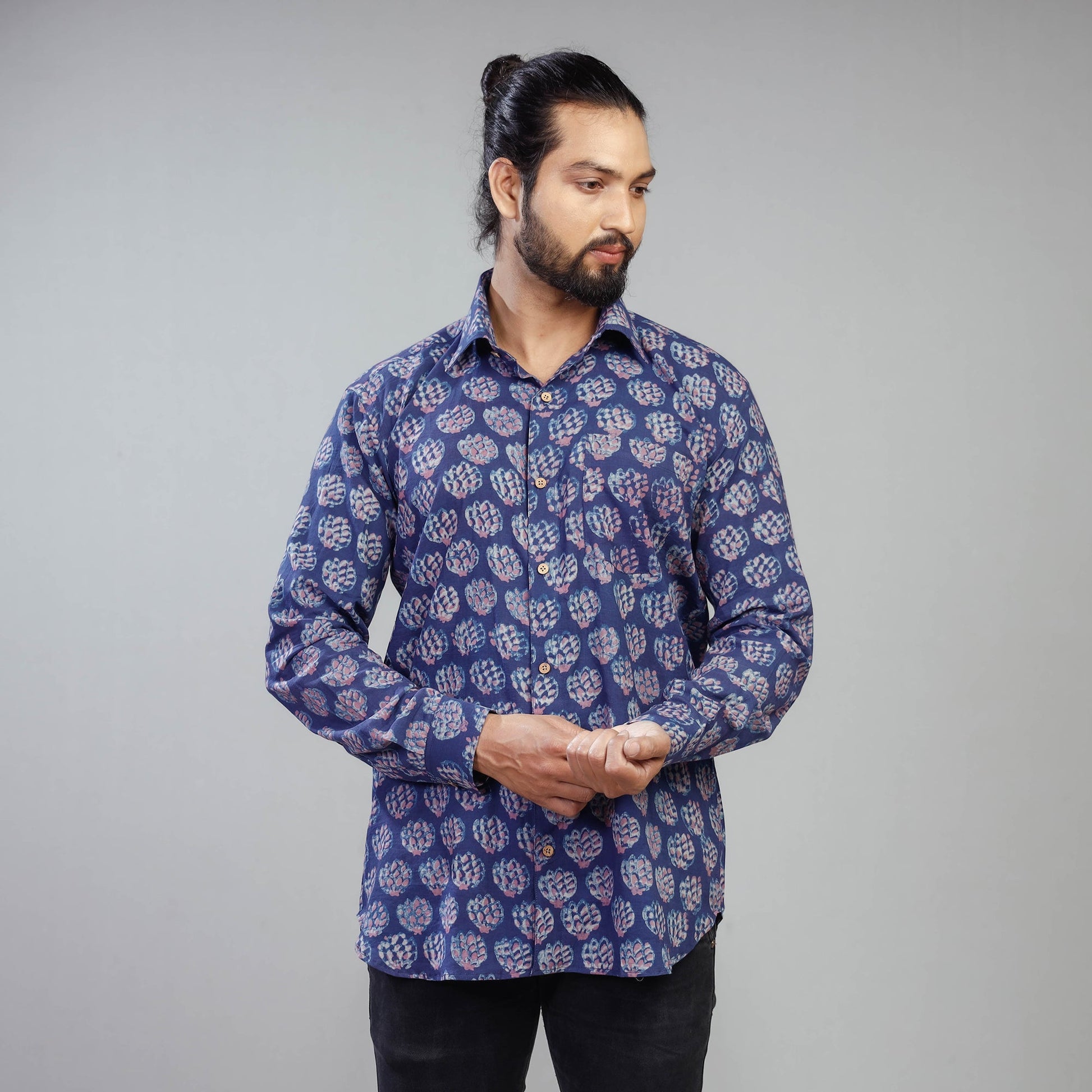 Blue - Akola Block Printing Cotton Men Full Sleeve Shirt