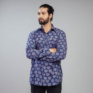 Blue - Akola Block Printing Cotton Men Full Sleeve Shirt