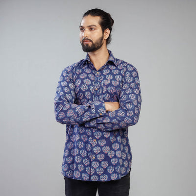 Blue - Akola Block Printing Cotton Men Full Sleeve Shirt