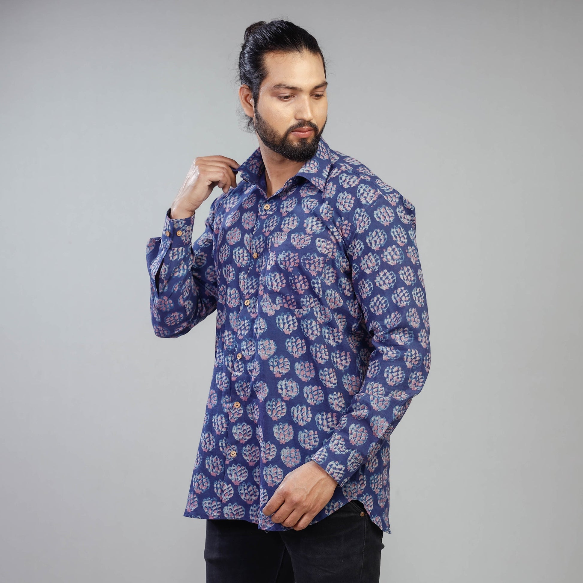 Blue - Akola Block Printing Cotton Men Full Sleeve Shirt
