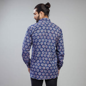 Blue - Akola Block Printing Cotton Men Full Sleeve Shirt