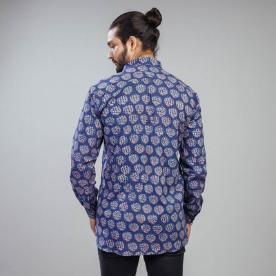 Blue - Akola Block Printing Cotton Men Full Sleeve Shirt