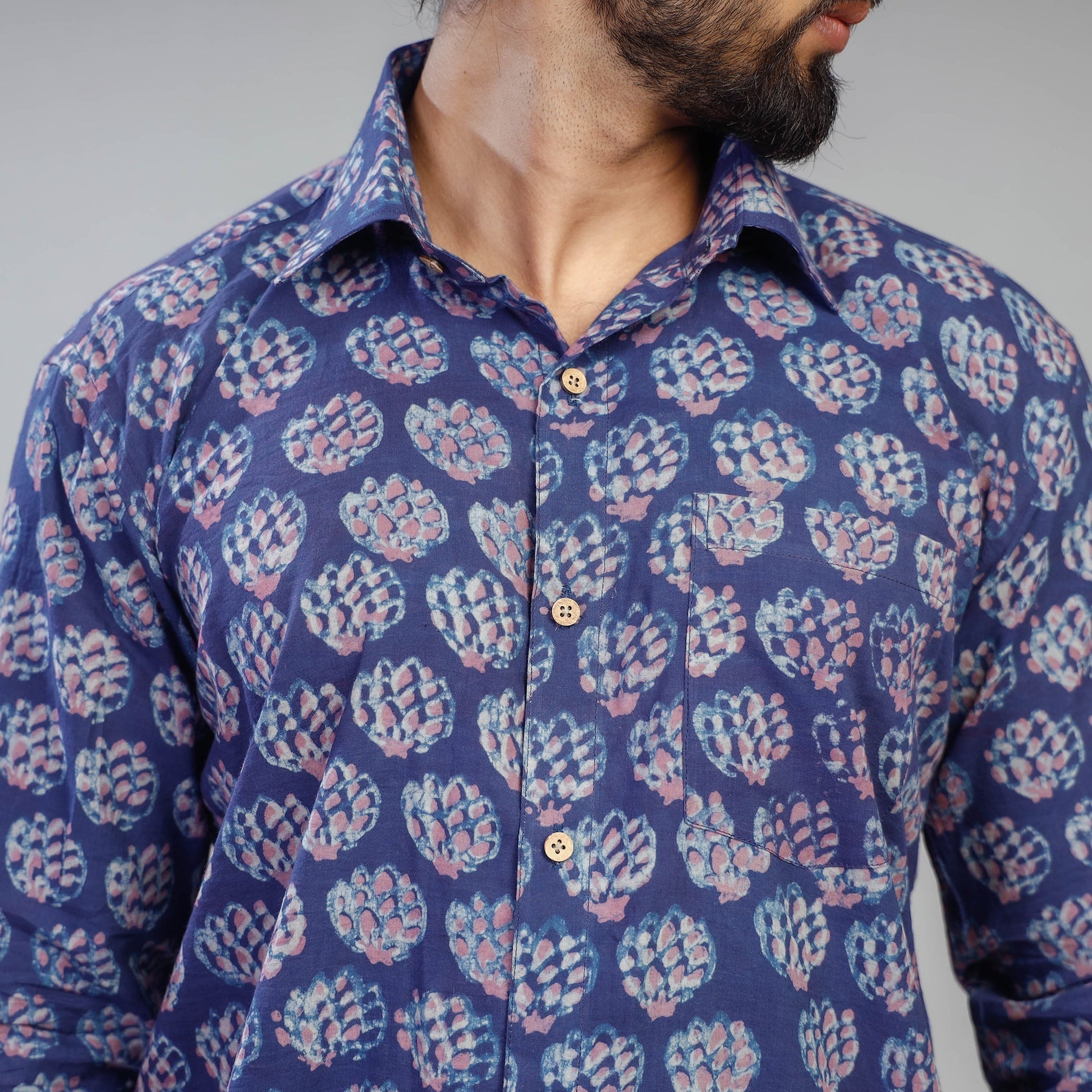 Blue - Akola Block Printing Cotton Men Full Sleeve Shirt