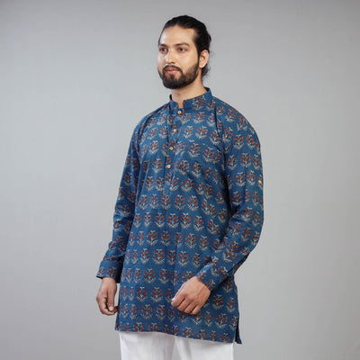 Blue - Akola Block Printed Cotton Men Short Kurta