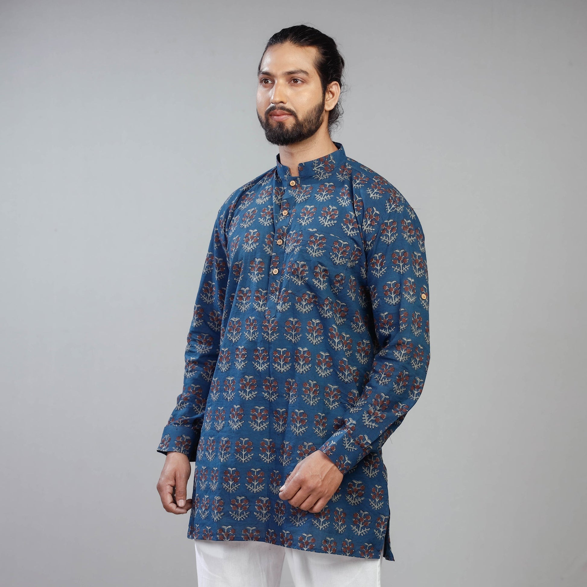 Blue - Akola Block Printed Cotton Men Short Kurta