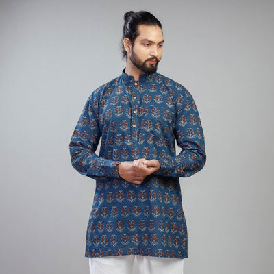 Blue - Akola Block Printed Cotton Men Short Kurta