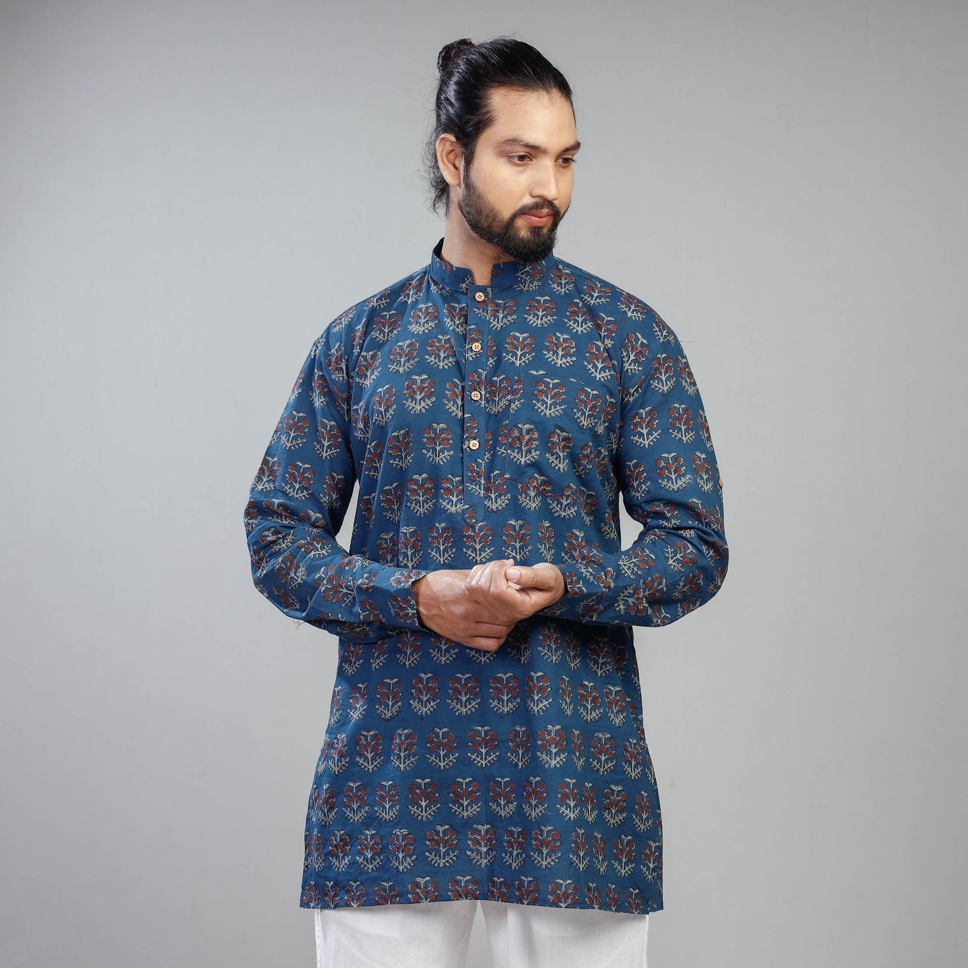 Blue - Akola Block Printed Cotton Men Short Kurta