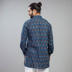 Blue - Akola Block Printed Cotton Men Short Kurta