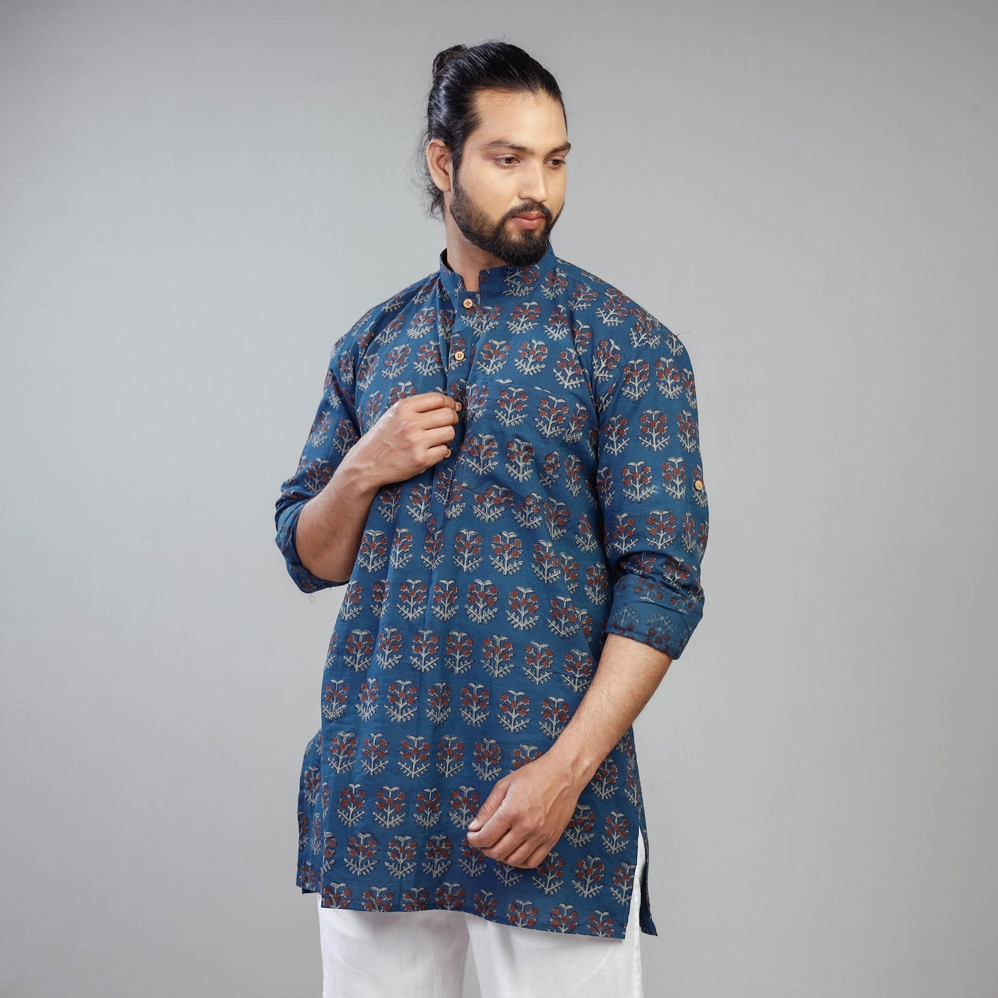 Blue - Akola Block Printed Cotton Men Short Kurta