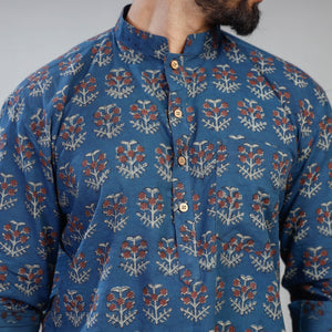 Blue - Akola Block Printed Cotton Men Short Kurta