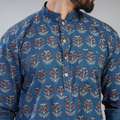 Blue - Akola Block Printed Cotton Men Short Kurta
