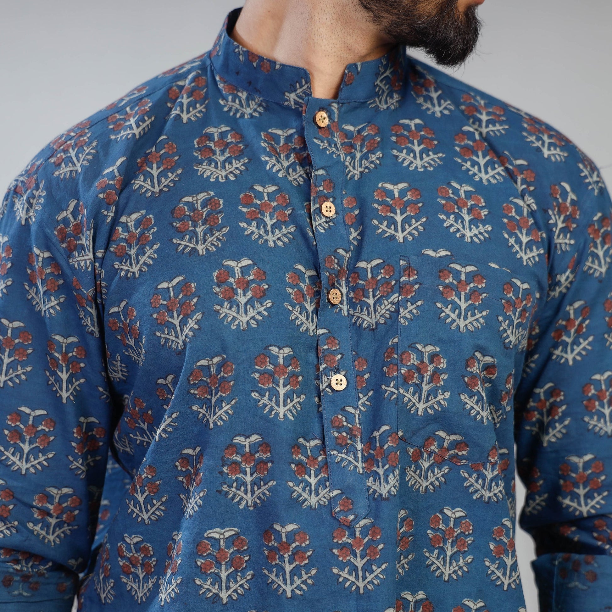 Blue - Akola Block Printed Cotton Men Short Kurta