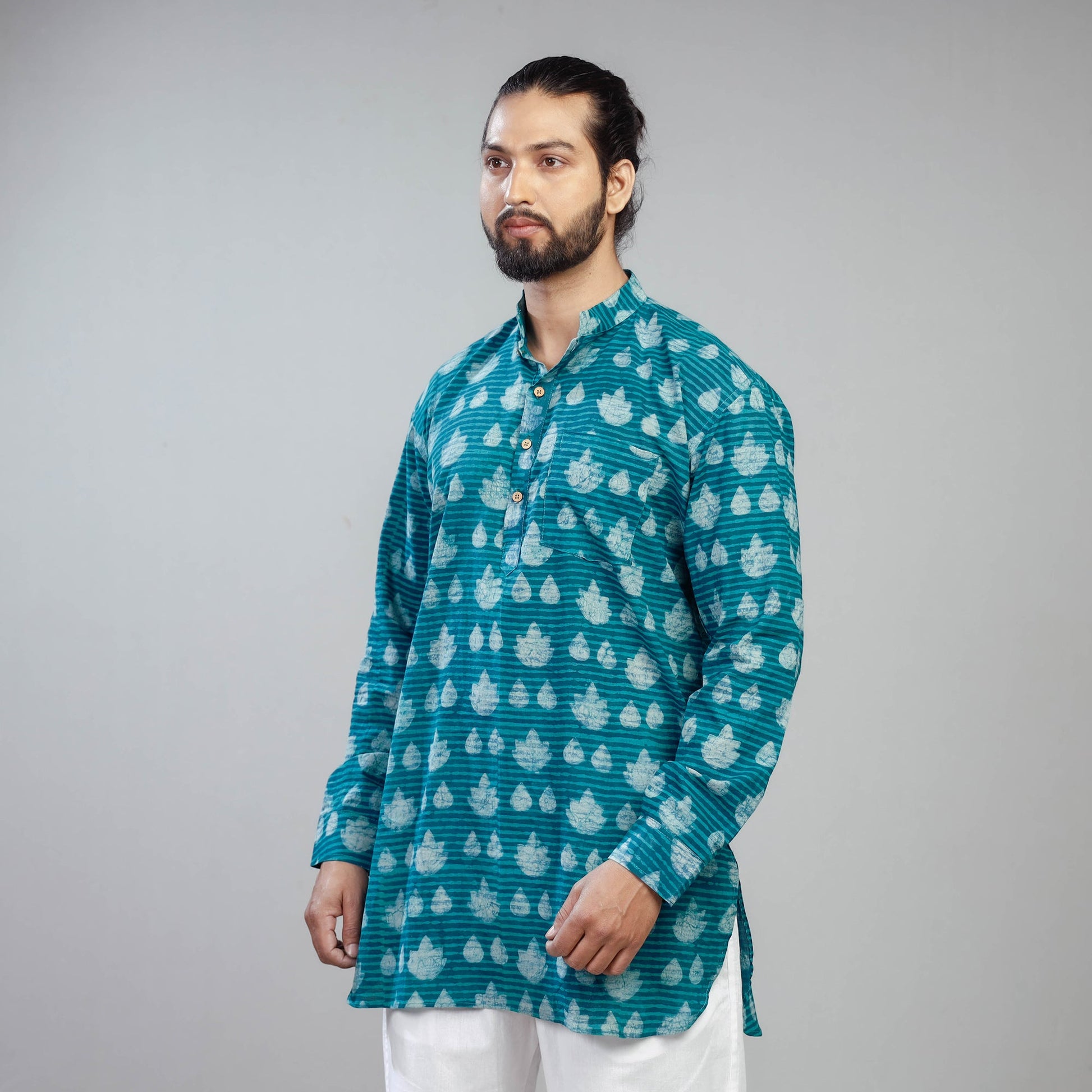 Blue - Akola Block Printed Cotton Men Short Kurta