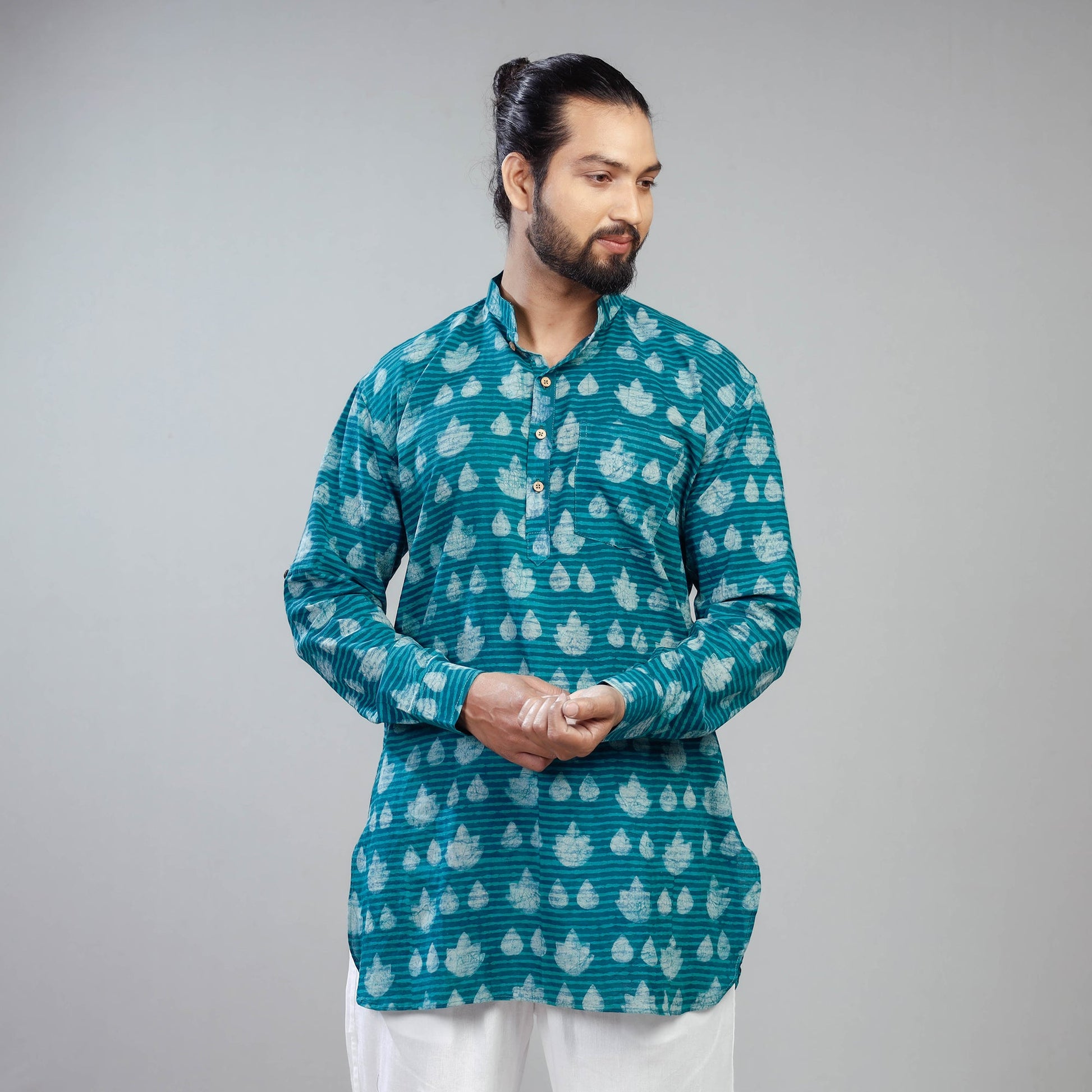 Blue - Akola Block Printed Cotton Men Short Kurta