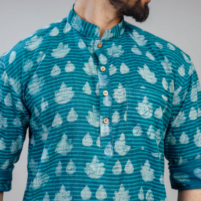 Blue - Akola Block Printed Cotton Men Short Kurta