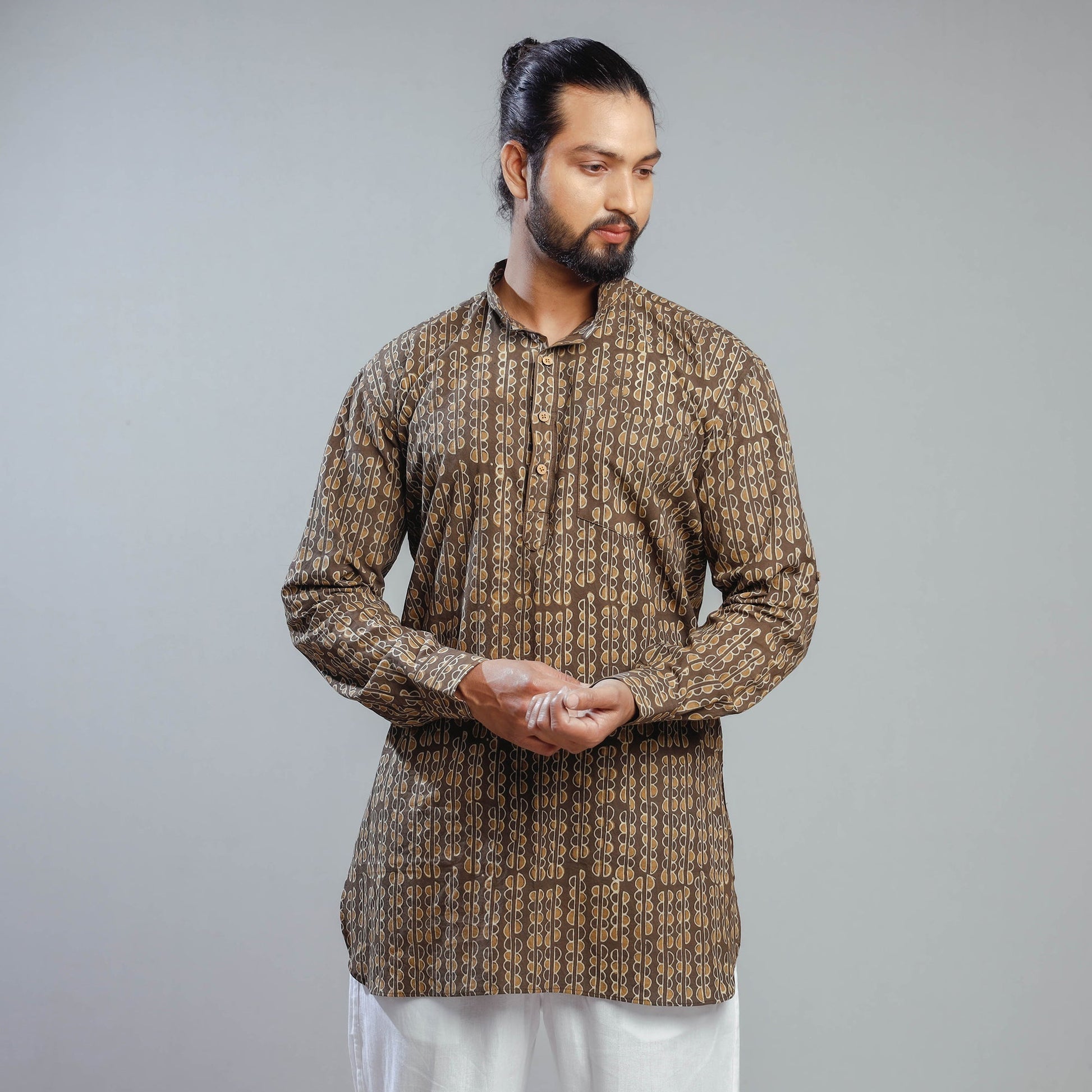 Brown - Akola Block Printed Cotton Men Short Kurta