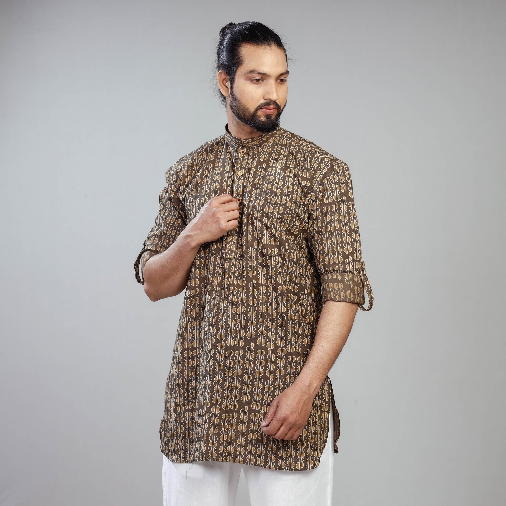 Brown - Akola Block Printed Cotton Men Short Kurta